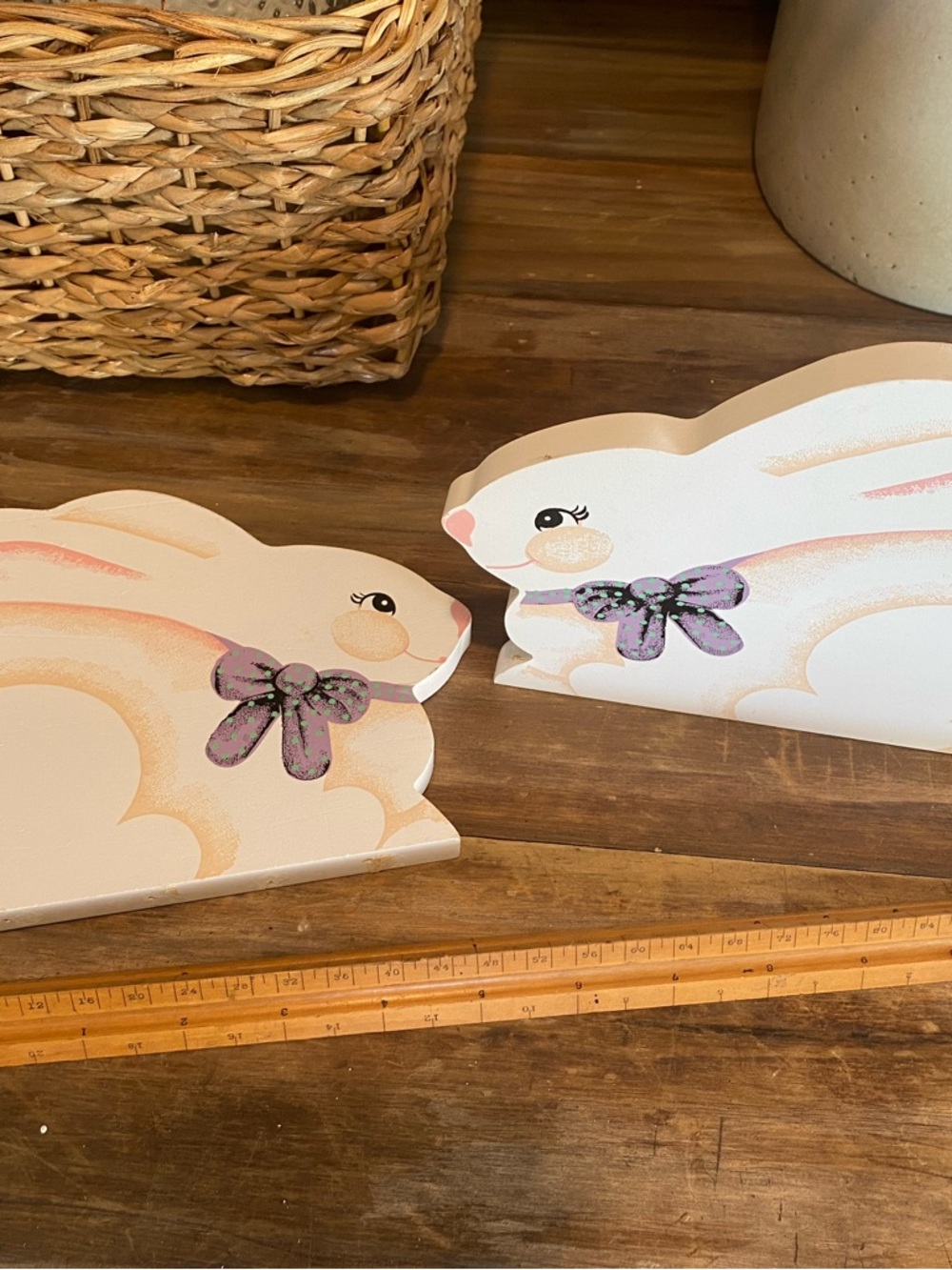 Handpainted Wooden Bunny Pair - Pastel Pink & Lavender Bows